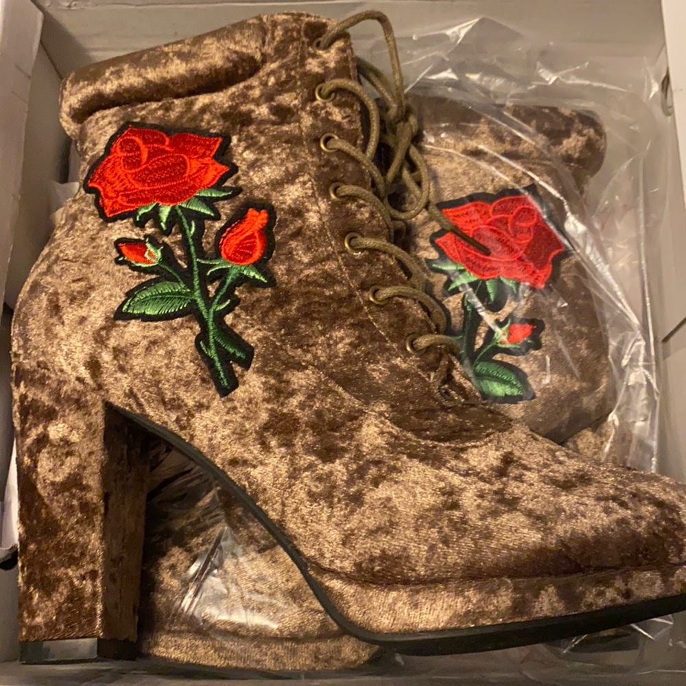 Tan velvet booties